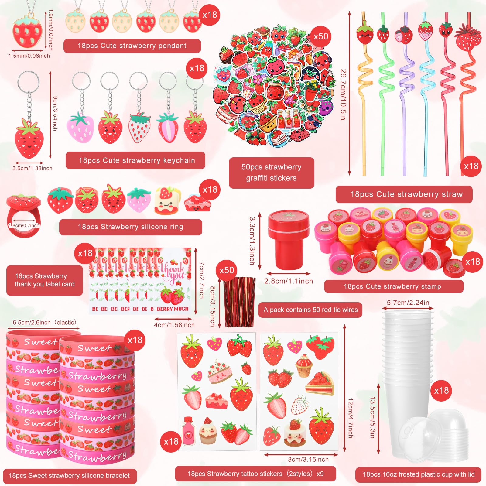 Landical 213 Pcs Strawberry Party Favors Includes Gift Cup Straws Bracelets Stickers Temporary Tattoos Keychain Rings Stampers P